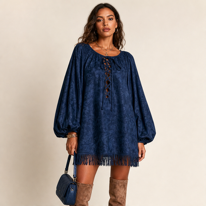 Marisol Women's Lace-Up Balloon Sleeve Tassel Hem Boho Mini Dress lifestyle
