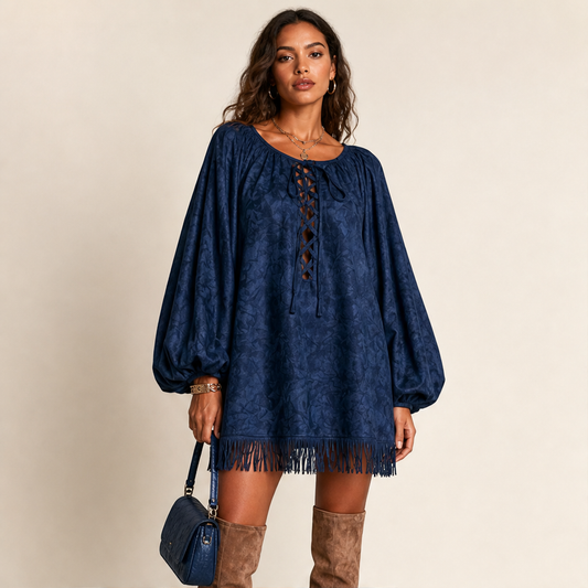 Marisol Women's Lace-Up Balloon Sleeve Tassel Hem Boho Mini Dress lifestyle