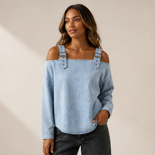 Light Blue Denim Off-Shoulder Top | Women's Buckle Strap Blouse - Long Sleeve Cropped Style lifestyle