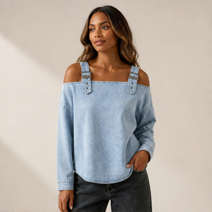 Light Blue Denim Off-Shoulder Top | Women's Buckle Strap Blouse - Long Sleeve Cropped Style lifestyle