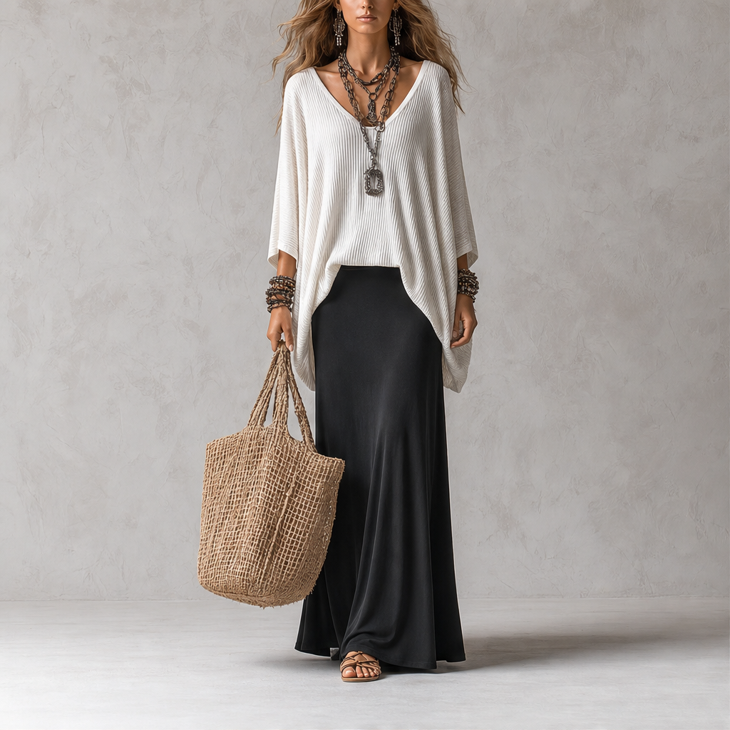 Black Cami Maxi Dress & Cover-Up Top Set | Two-Piece Boho Outfit - Batwing Knit Topper with Slip Dress lifestyle