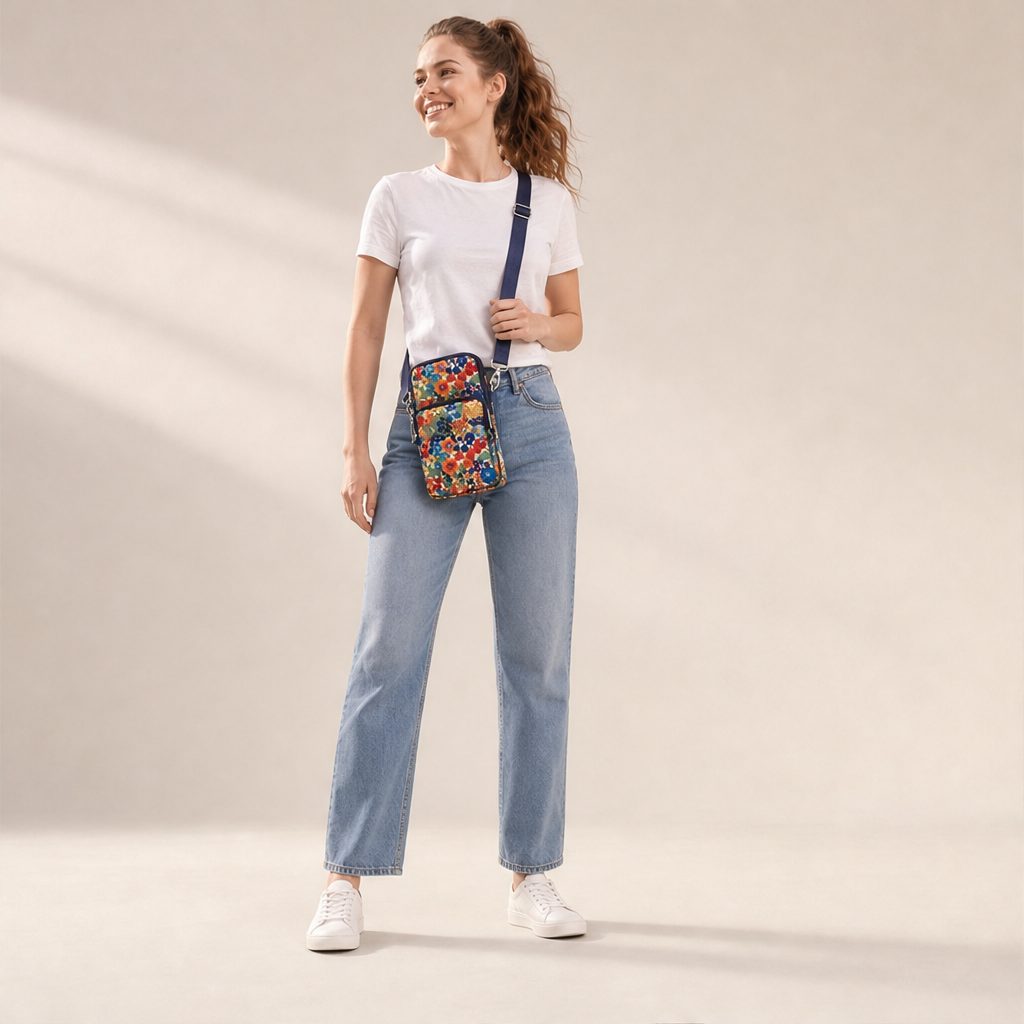 Floral Mini Crossbody Bag | Phone Bag with Armband Strap - 3 Zip Compartments lifestyle