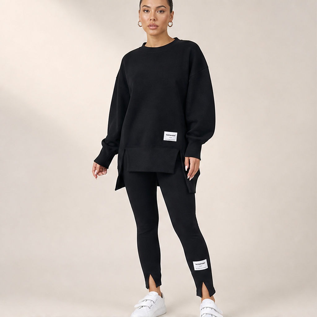 Black Sweatshirt Leggings Set | Oversized Casual Two-Piece Loungewear - Split Hem lifestyle