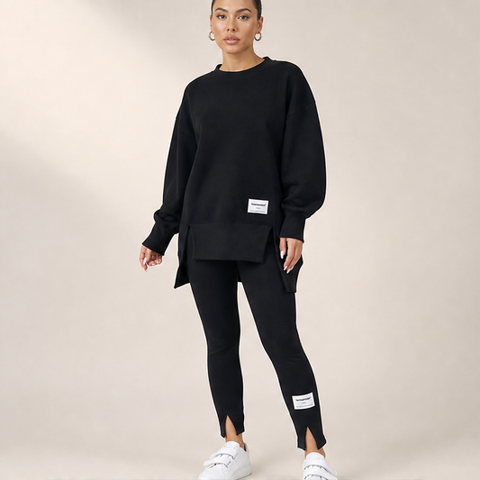 Black Sweatshirt Leggings Set | Oversized Casual Two-Piece Loungewear - Split Hem lifestyle