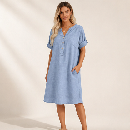 Blue V-Neck A-Line Dress | Cotton-Linen Midi with Pockets - Button Placket, Roll-Sleeve lifestyle