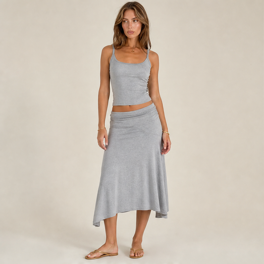 Grey Cami & Flared Midi Skirt Set | Two-Piece Matching Set - Ribbed Cami Top with Flowy Skirt lifestyle