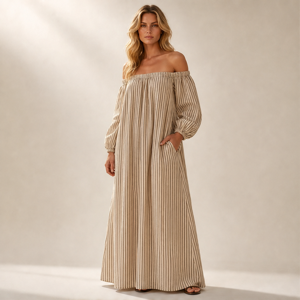 Beige Stripe Off Shoulder Maxi Dress | Lantern Sleeve Boho Dress - Relaxed Fit with Side Pockets lifestyle