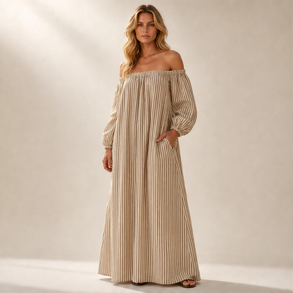 Beige Stripe Off Shoulder Maxi Dress | Lantern Sleeve Boho Dress - Relaxed Fit with Side Pockets lifestyle