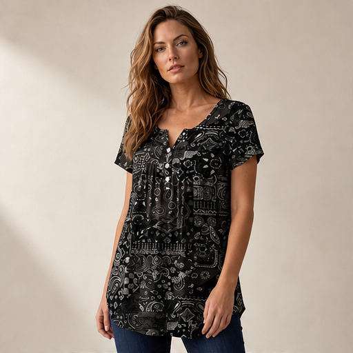 Black Paisley Print V-Neck Top | Casual Short Sleeve Blouse for Women - Relaxed Fit Henley Tunic lifestyle