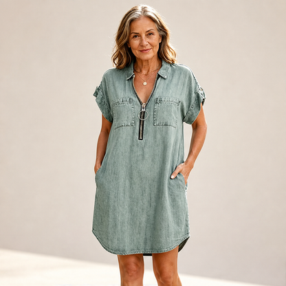 Denim Blue Zip Front Shirt Dress | Adjustable Half-Zip Collared Dress - Short Sleeve with Pockets lifestyle