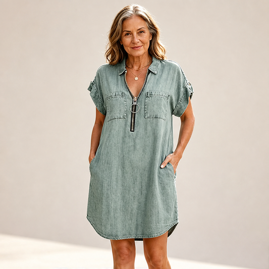 Denim Blue Zip Front Shirt Dress | Adjustable Half-Zip Collared Dress - Short Sleeve with Pockets lifestyle