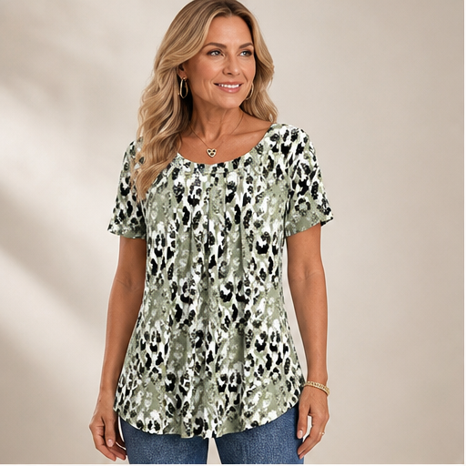 Sage Green Printed Top | Casual Leopard Print Short Sleeve Blouse - Round Neck Pleated Tunic lifestyle