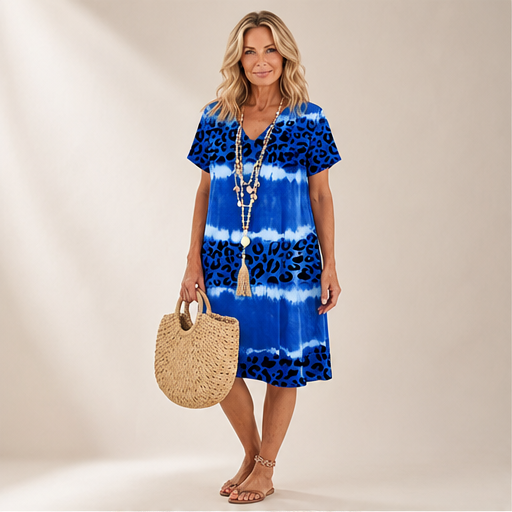 Blue Tie-Dye Leopard Print V-Neck Dress | Casual Shift Dress for Women - Short Sleeve Midi lifestyle