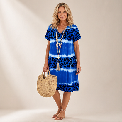 Blue Tie-Dye Leopard Print V-Neck Dress | Casual Shift Dress for Women - Short Sleeve Midi lifestyle