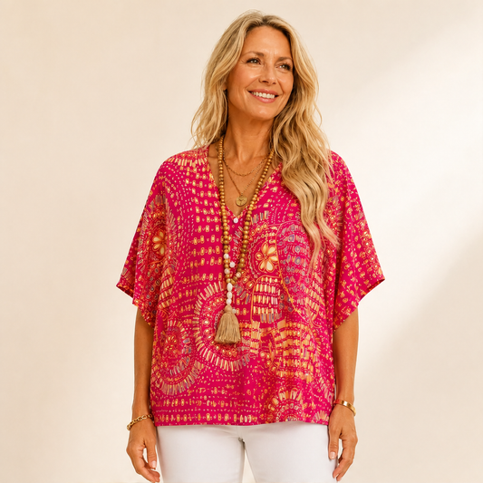 Fuchsia Floral Print Dolman Top | V-Neck Boho Blouse for Women - Batwing Sleeve lifestyle