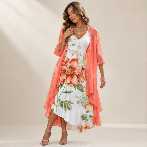 Coral Floral Swing Dress | Two-Piece Maxi Dress with Chiffon Cover-Up - Lace Detail lifestyle