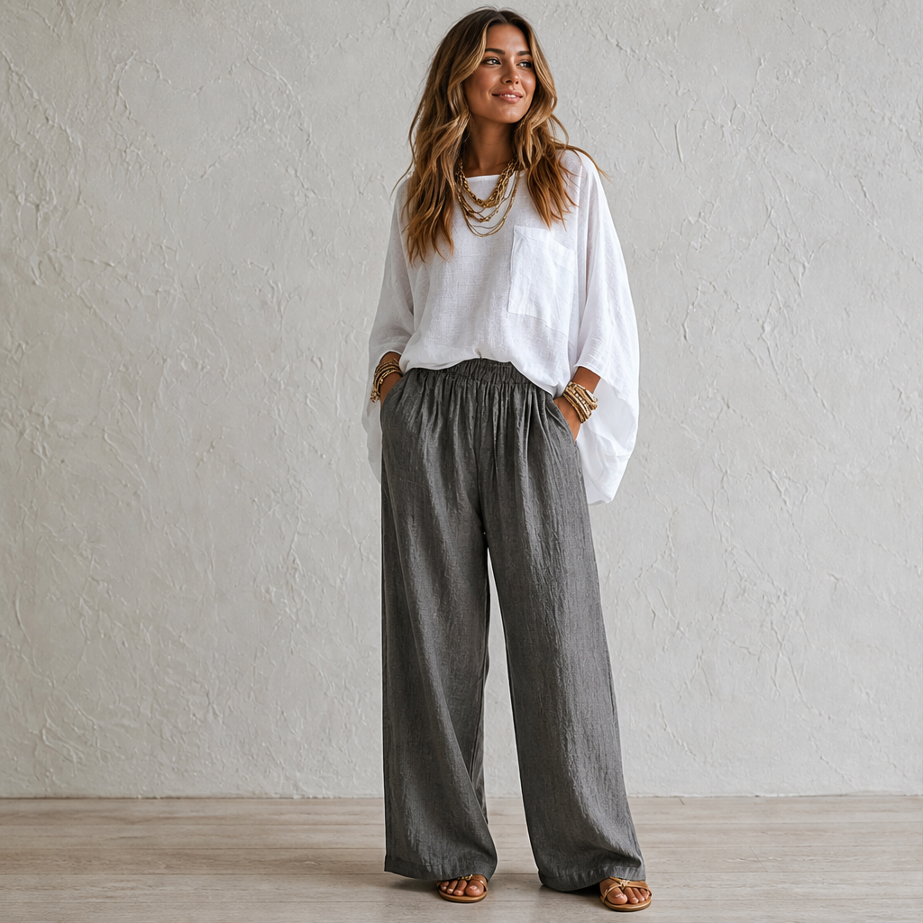 Marisol Women's Loose Top and Elastic Waist Wide Leg Trouser Suit - Rayon Blend Two-Piece Co-ord Set lifestyle