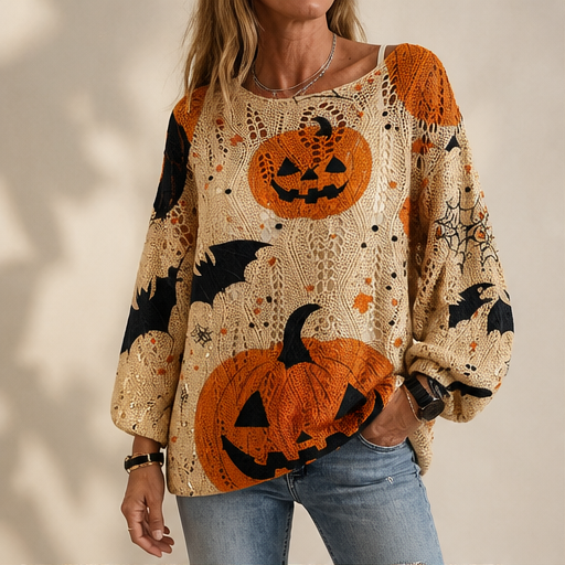 Black Pumpkin Print Sweater | Halloween Crochet Cutout Knit Top - Oversized Long Sleeve for Women lifestyle