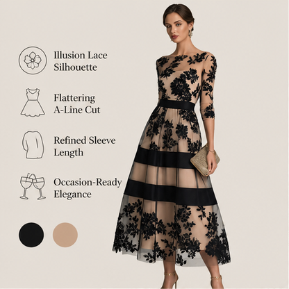 Black Lace Midi Dress | Elegant A-Line Wedding Guest Dress - Sheer Mesh Occasion Wear features