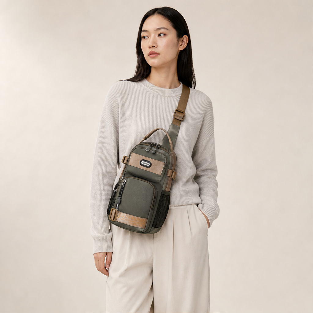 Olive Green Crossbody Sling Bag | Multifunctional Chest Bag with Adjustable Strap - Oxford Fabric lifestyle