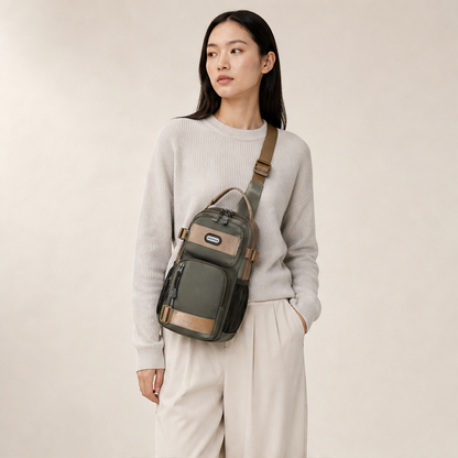 Olive Green Crossbody Sling Bag | Multifunctional Chest Bag with Adjustable Strap - Oxford Fabric lifestyle