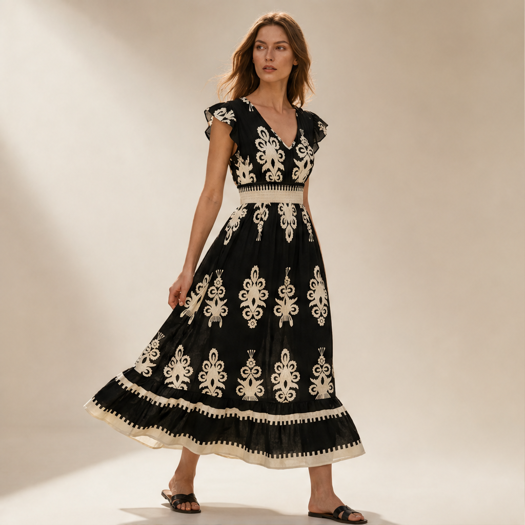 Black Baroque Print Maxi Dress | V-Neck Smocked Waist Summer Dress - Flutter Sleeve Boho Style lifestyle
