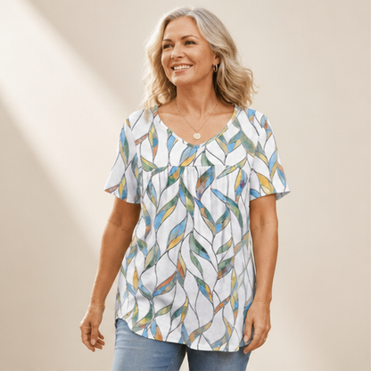 White Printed V-Neck T-Shirt | Pleated Short Sleeve Top for Women - Loose Fit Tunic Blouse lifestyle