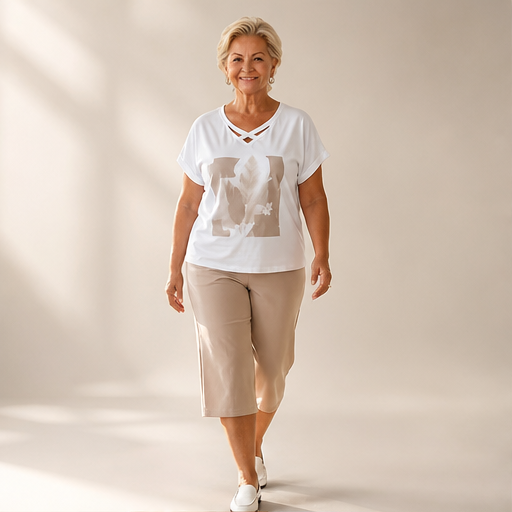Beige Cropped Trouser & Top Set | Casual Two-Piece Outfit for Women - V-Neck Tee with Wide-Leg Culottes lifestyle