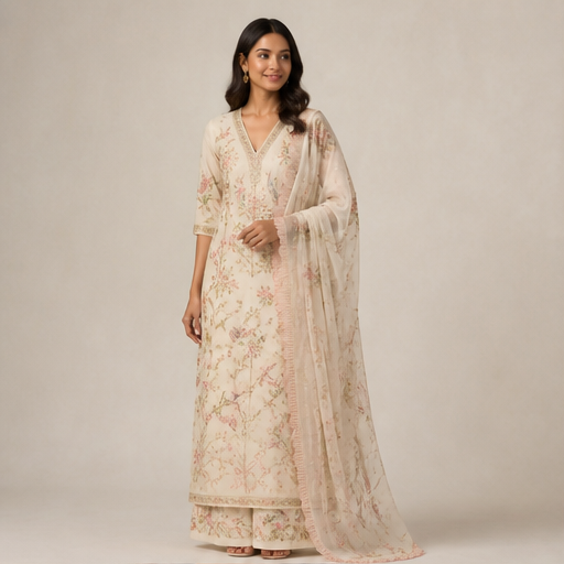 Ivory Banarasi Salwar Suit | Unstitched Silk Three-Piece Set - Hand-Embroidered Zari Floral Suit for Women lifestyle
