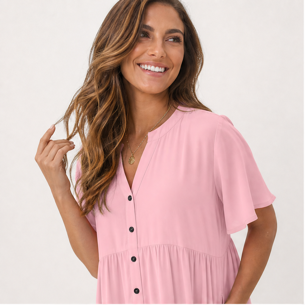Marlowe Women's Short Sleeve Babydoll Dress - Button Down Shirt Dress with Pockets lifestyle