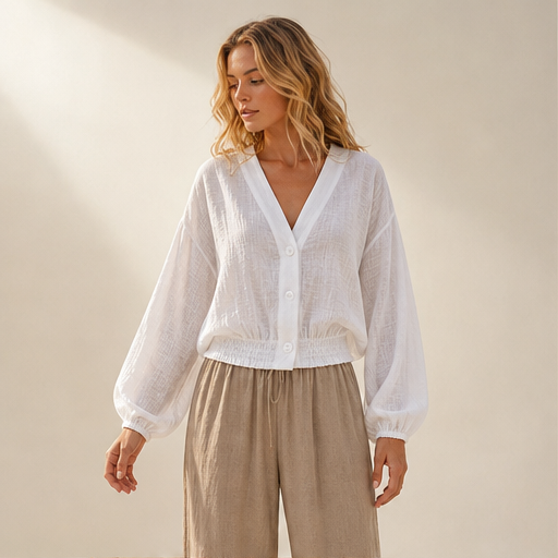 White Sheer Sun Protection Shirt | Lightweight V-Neck Cover-Up - Lantern Sleeve Cropped Jacket lifestyle