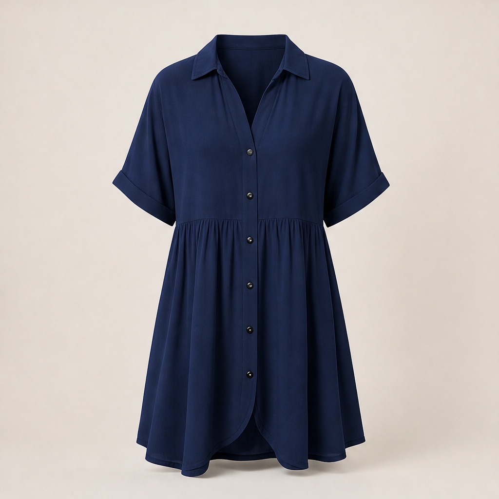 Marlowe Women's Short Sleeve Babydoll Dress - Button Down Shirt Dress with Pockets Navy