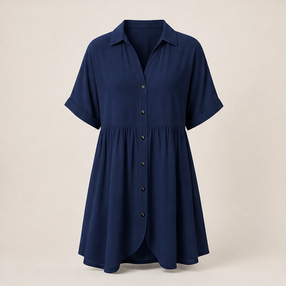 Marlowe Women's Short Sleeve Babydoll Dress - Button Down Shirt Dress with Pockets Navy