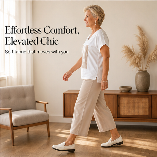 Beige Cropped Trouser & Top Set | Casual Two-Piece Outfit for Women - V-Neck Tee with Wide-Leg Culottes features