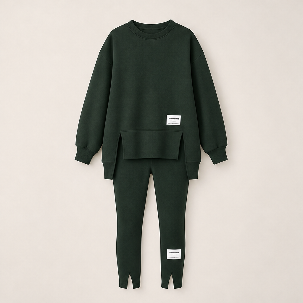 Black Sweatshirt Leggings Set | Oversized Casual Two-Piece Loungewear - Split Hem Dark Green