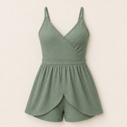 Blue Ribbed V-Neck Romper | Fitted Playsuit with Built-In Skirt - Wrap Front Summer Romper for Women Sage Green
