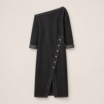 Denim Off-Shoulder Dress | Midi Length Casual Dress - Long Sleeve with Button Front Split Black Denim