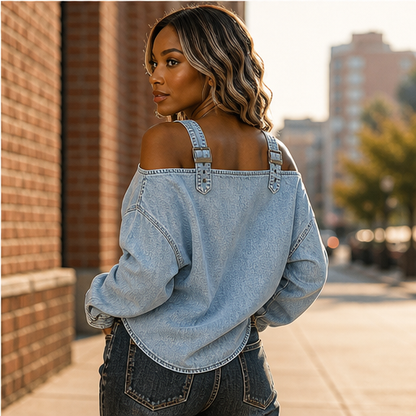 Light Blue Denim Off-Shoulder Top | Women's Buckle Strap Blouse - Long Sleeve Cropped Style features