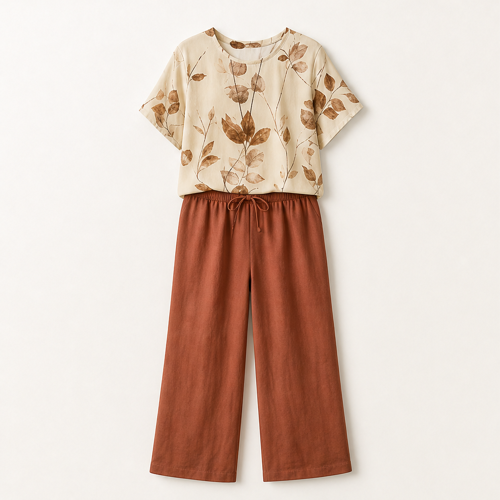 Elowen Women's Botanical Print T-Shirt Set - Breathable Polyester Top & Tulip Hem Trouser Loungewear Set Cream Floral/Rust
