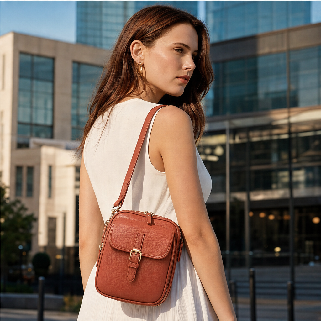 Terracotta Crossbody Leather Bag | Women's Shoulder Bag with Adjustable Strap - Multi-Pocket Design features