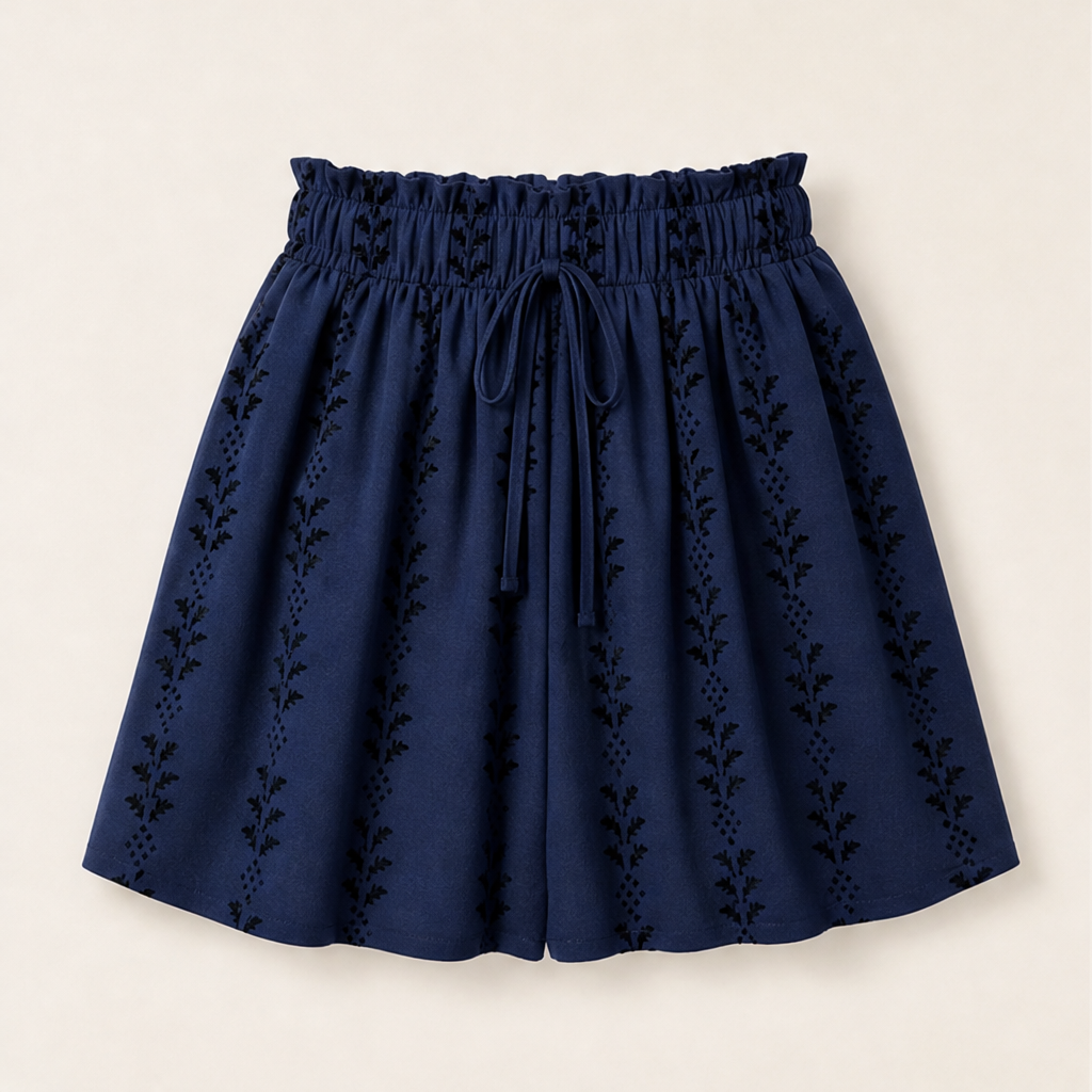 Marisol Women's Bohemian High Waist Print Shorts - Paperbag Waist Wide Leg Flowy Boho Shorts Navy