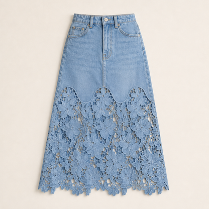 Denim Lace Hem Maxi Skirt | High-Waisted A-Line Style - Floral Crochet Trim Light Wash