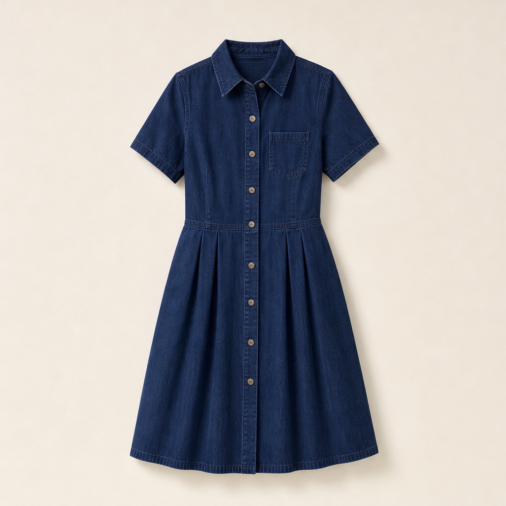 Blue Denim Shirt Dress | Button-Front A-Line Midi - Short Sleeve with Pockets Indigo