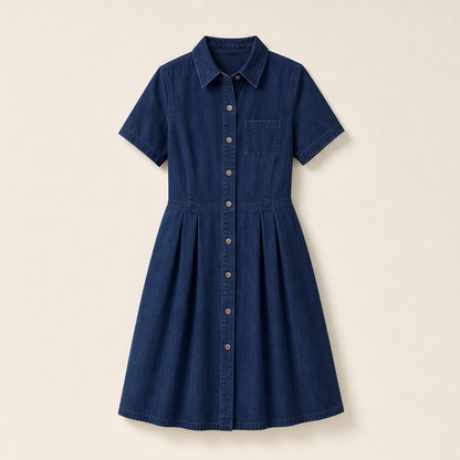 Blue Denim Shirt Dress | Button-Front A-Line Midi - Short Sleeve with Pockets Indigo
