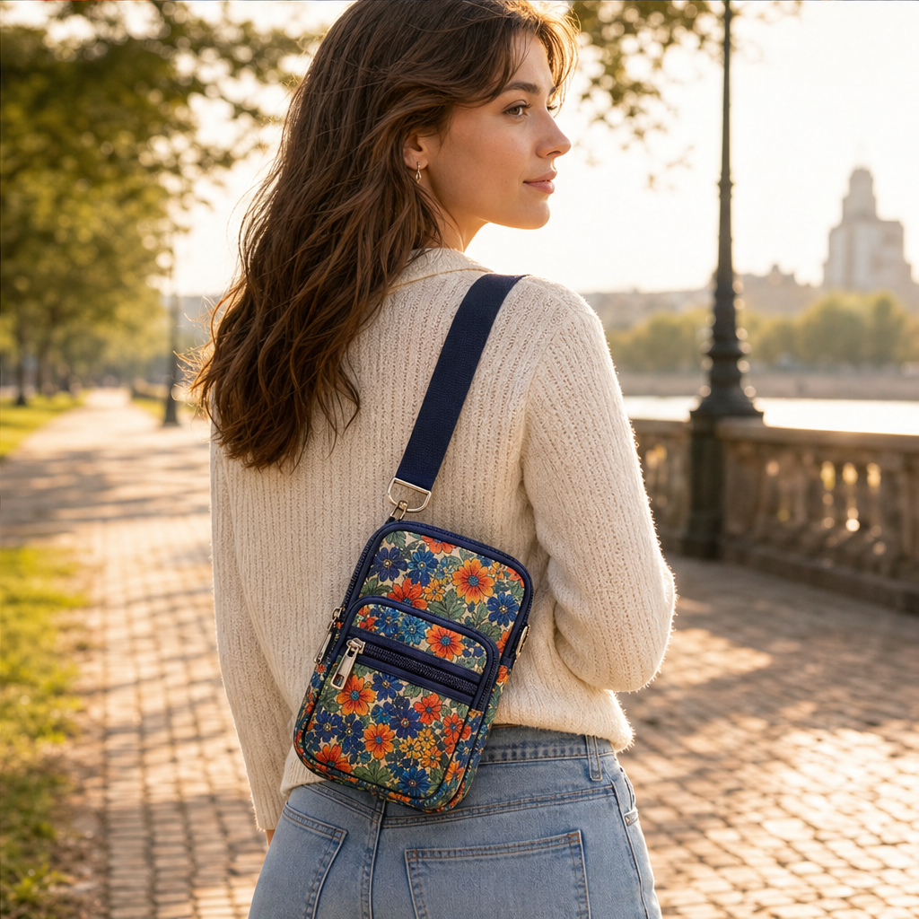 Floral Mini Crossbody Bag | Phone Bag with Armband Strap - 3 Zip Compartments features