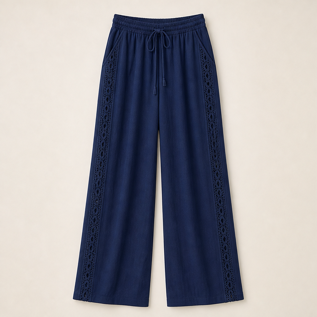 Teal Lace Trim Trousers | Bohemian Wide Leg Linen Style - Elastic Waist Holiday Pants Navy