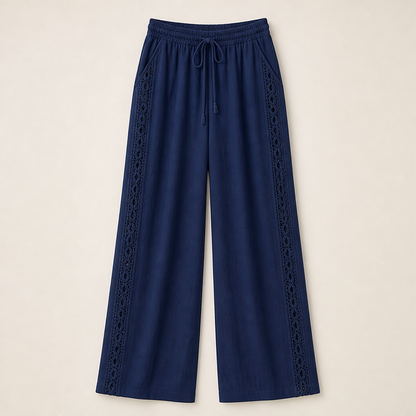 Teal Lace Trim Trousers | Bohemian Wide Leg Linen Style - Elastic Waist Holiday Pants Navy