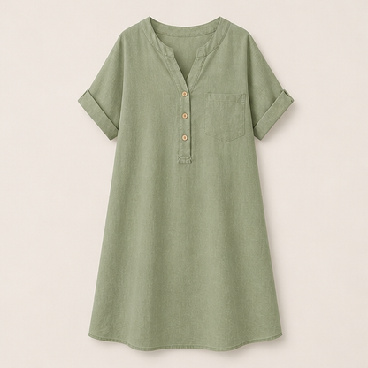 Blue V-Neck A-Line Dress | Cotton-Linen Midi with Pockets - Button Placket, Roll-Sleeve Sage Green