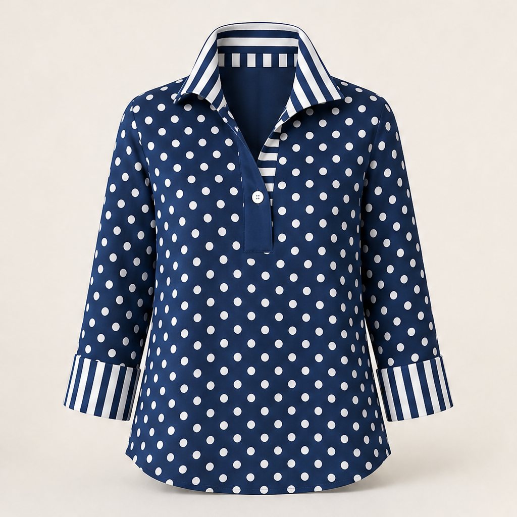 Pink Polka Dot Blouse | Contrast Stripe Popover Top for Women - 3/4 Sleeve Cotton Shirt Navy