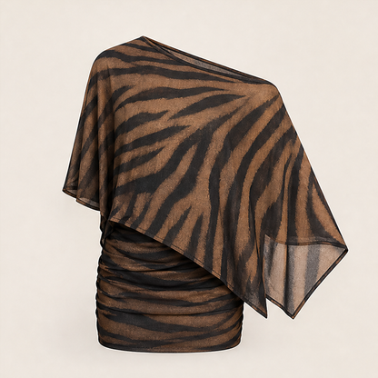 Brown Tiger Print Shawl Top & Skirt Set | Asymmetric One-Shoulder Two-Piece - Sheer Mesh Evening Wear Brown Tiger Print